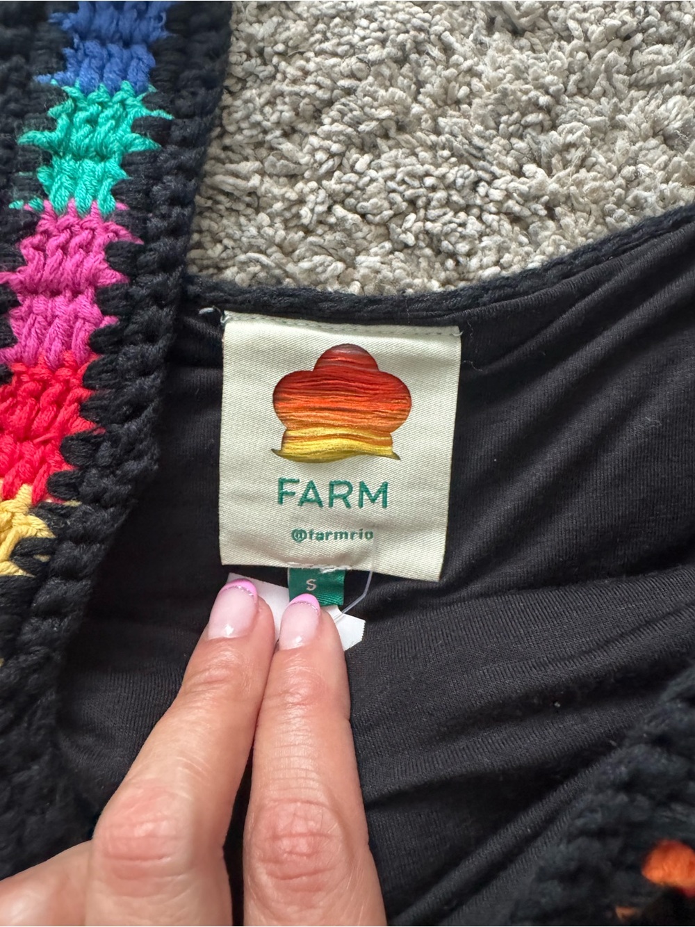 FARM Rio Black Crochet Floral Square-Neck Crop Top with Multi-Colored Motifs - Picture 4 of 4
